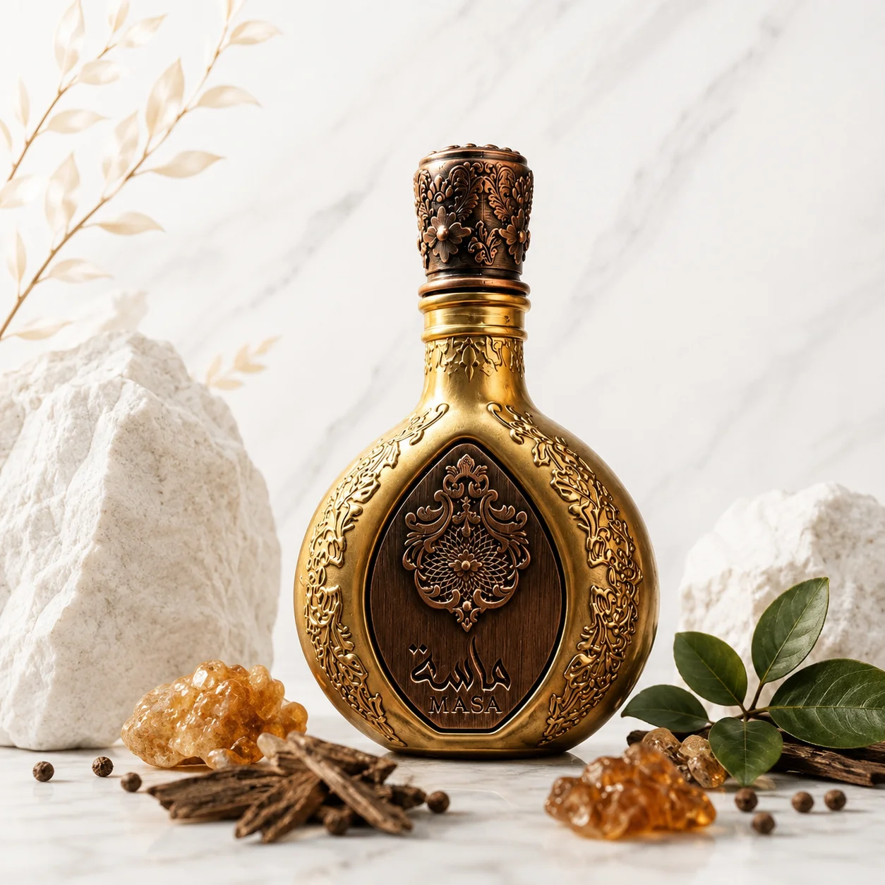 عطر ماسا با بطری طلایی و نقش برجسته